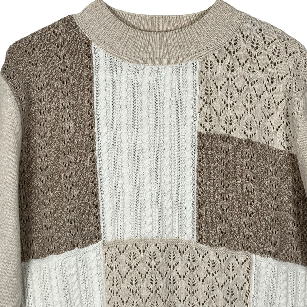 Neutral Colorblock Patchwork Knit Cottagecore Gra… - image 4